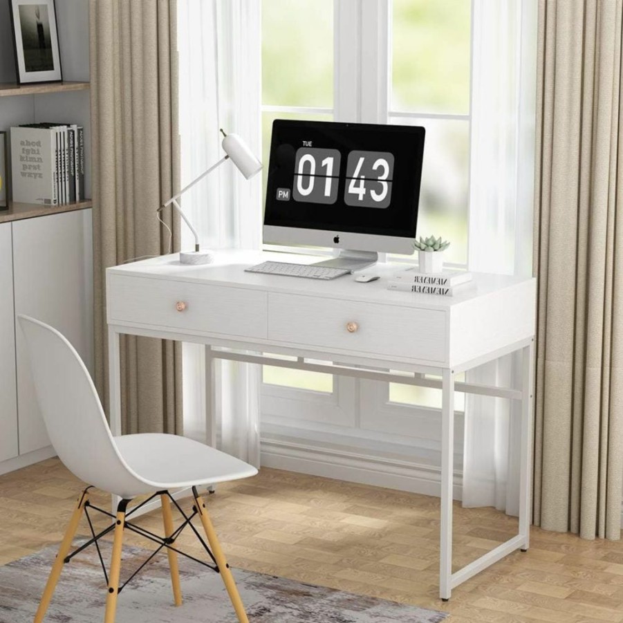 Tribesigns | Tribesigns Computer Desk, Modern Simple 47 Inch Home Office Desk Study Table Writing Desk With 2 Storage Drawers, Makeup Vanity Console Table White