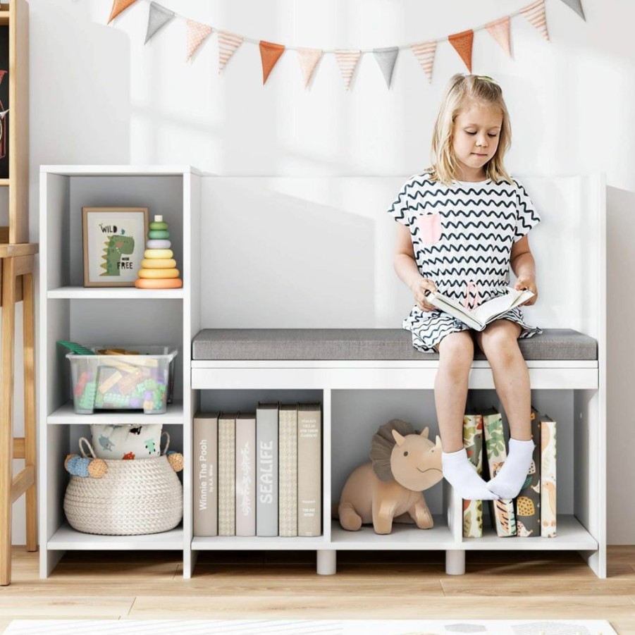 HOUSUIT | Housuit 43.3" Kids Reading Nook Bench, Nursery Bookshelf And Bookcase With Seat Cushion, 6-Cubby Book Shelf Storage Organizer For Playroom, Bedroom, Living Room, Entryway, White