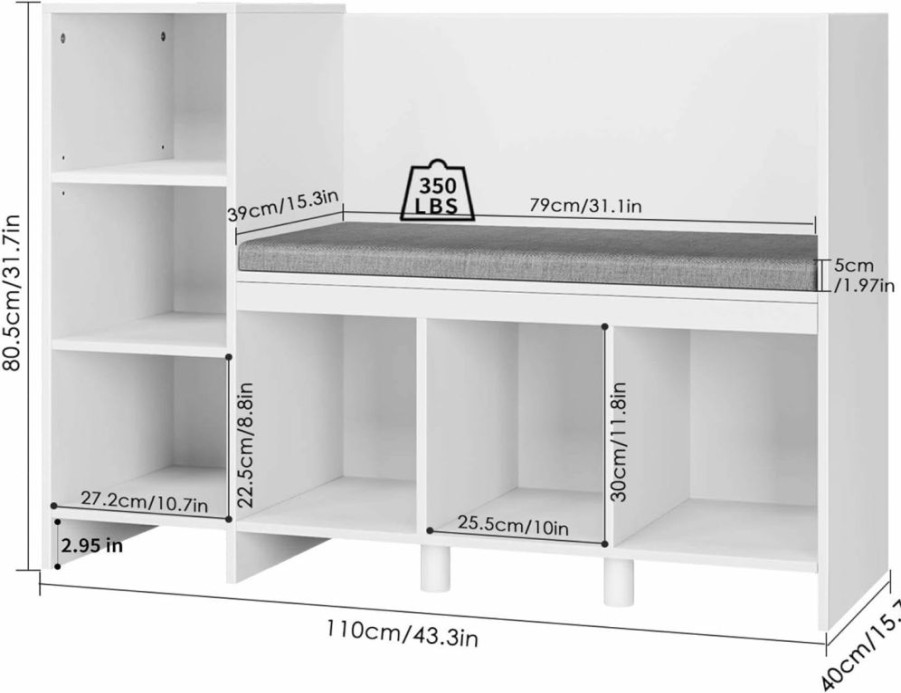 HOUSUIT | Housuit 43.3" Kids Reading Nook Bench, Nursery Bookshelf And Bookcase With Seat Cushion, 6-Cubby Book Shelf Storage Organizer For Playroom, Bedroom, Living Room, Entryway, White