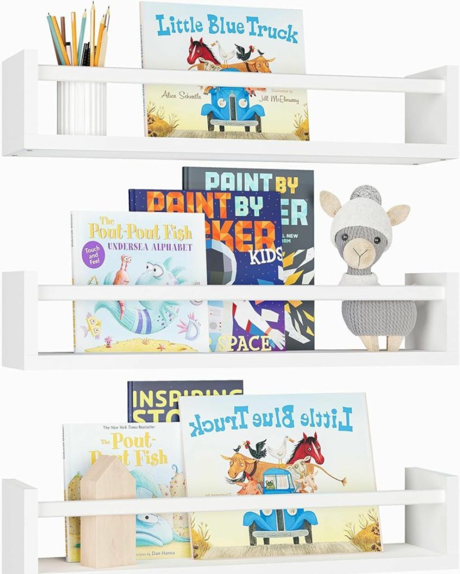 Fixwal | Fixwal Nursery Bookshelves, 16.5 Inch Floating Bookshelves For Wall Set Of 3, Baby Kids Decor, Solid Wood Wall Mounted Shelves For Books, Toys And Decor Storage (White)