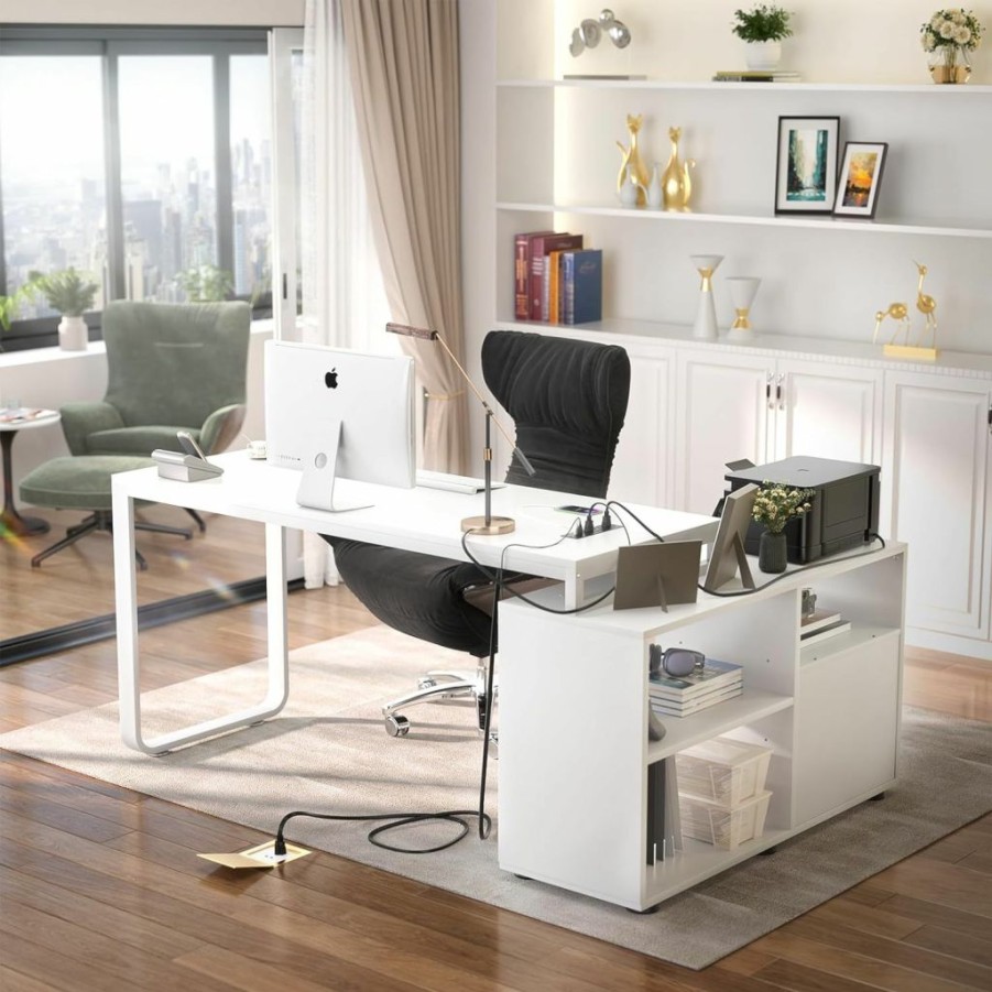 Homieasy | Homieasy L Shaped Desk With File Cabinet & Power Outlet, Reversible 55 Inch Large Corner Computer Desks With Led Strip, L-Shaped Computer Desk With Drawers And Storage Shelves, Grey & White