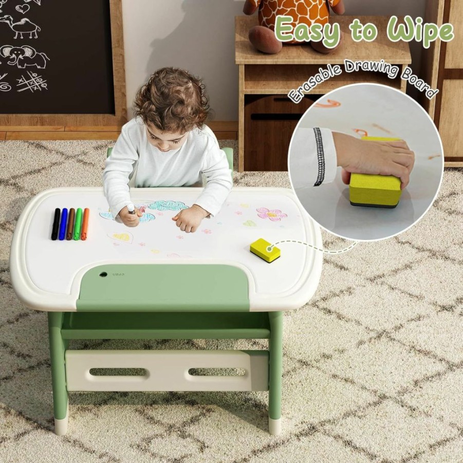 BanaSuper | Banasuper Kid'S Drawing Table And Chair Set With Erasable Board Watercolor Pens Plastic Activity Table For Toddlers Children Desk Snack Time Homeschooling Homework Gift For Boy & Girl (Green)