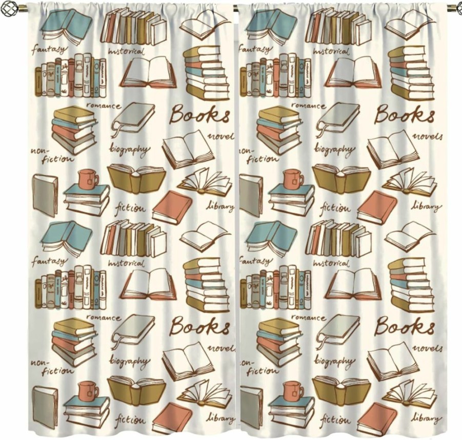 YCness | Ycness Bookshelf Curtains, Vintage Library With Books Window Treatments For Kids Bedroom, Wooden Wooden Antique Bookcase Drapes 2 Panel Sets,52X84 Inch, Style-2