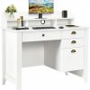 HOMBCK | White Desk With Drawers And Hutch, Small White Desk With Storage Shelf, Computure Desk With File Drawer, Home Office Desk, For Small Space, White