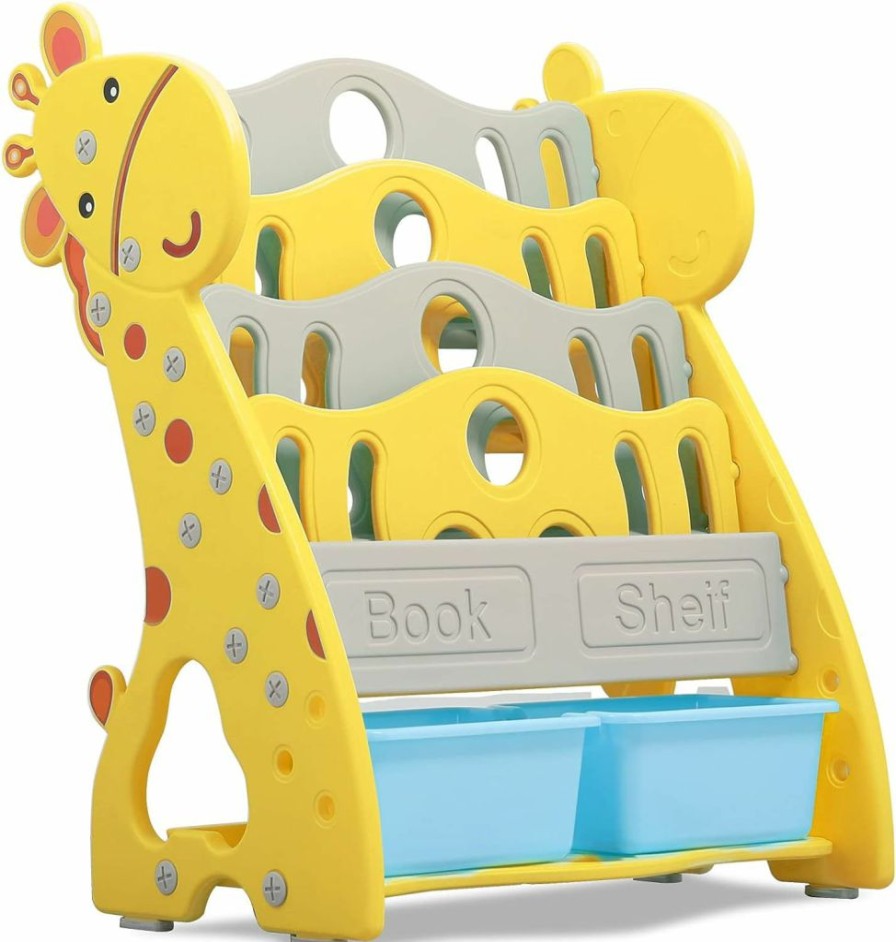 UNICOO | Unicoo - Toddlers Plastic Multi-Layer Bookshelf For Child'S Bedroom Playroom, Toy Storage Organizers With 2 Storage Boxes, Children Bookshelf (Yellow)