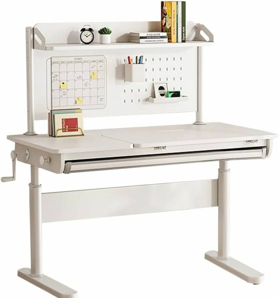 FCD | Fcd Kids Desk, Wooden Adjustable Height Ergonomic Study Desk With Tiltable Desktop, Pull Out Storage Drawer For Kids 4-13 (White)