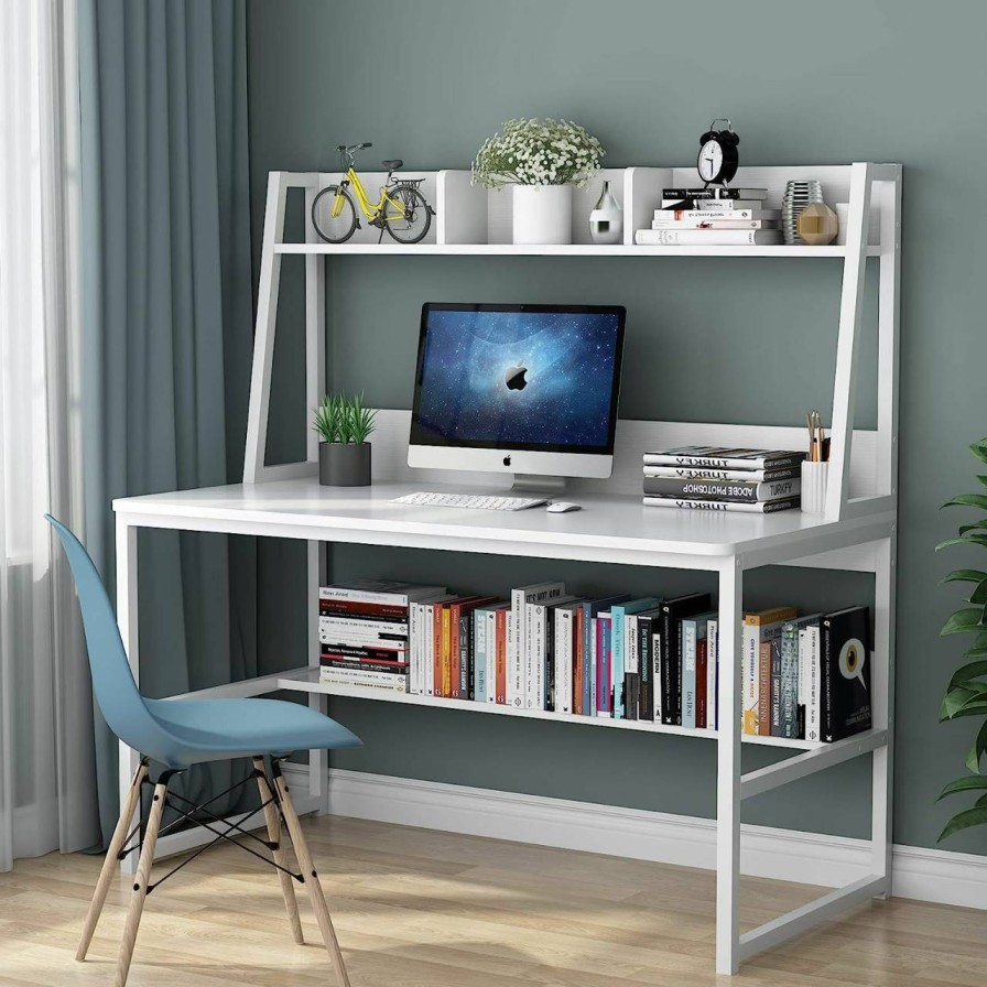 Tribesigns | Tribesigns Computer Desk With Hutch, 47 Inches Home Office Desk With Space Saving Design With Bookshelf For Small Spaces (White &Gold, 47)