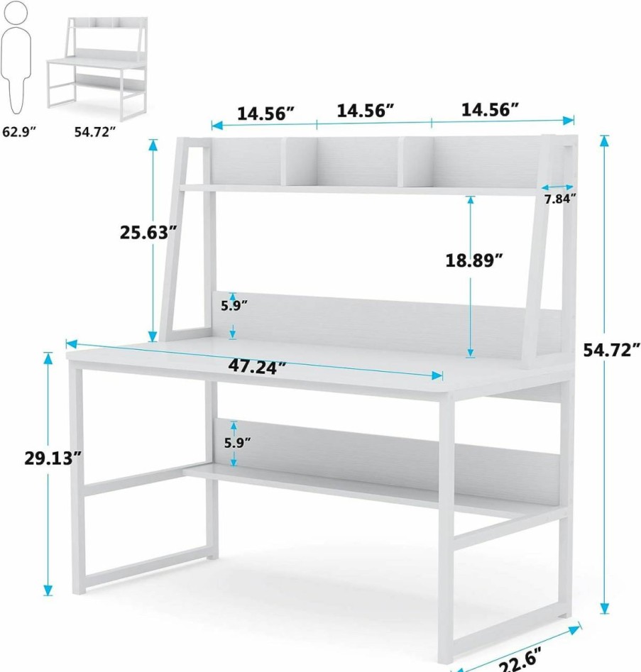 Tribesigns | Tribesigns Computer Desk With Hutch, 47 Inches Home Office Desk With Space Saving Design With Bookshelf For Small Spaces (White &Gold, 47)