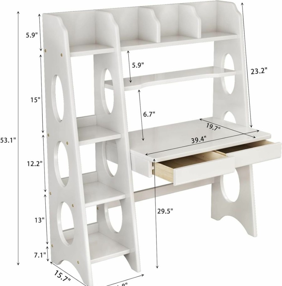 BALANBO | Balanbo Kids Desk Kids Table With Drawers And Bookshelf Wooden Kids Media Desk Student Learning Computer Workstation And Writing Desk (White)