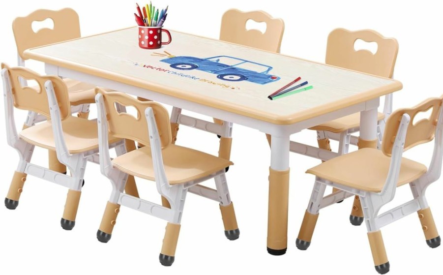 JIAOQIU | Jiaoqiu Kids Table And Chairs, Kids Table (6 Chairs) Kids Table And Chair Set, Toddler Table And Chairs, Kids Table And Chair Set 5-8 Year Old With 4 Leg Covers +12 Color Pens