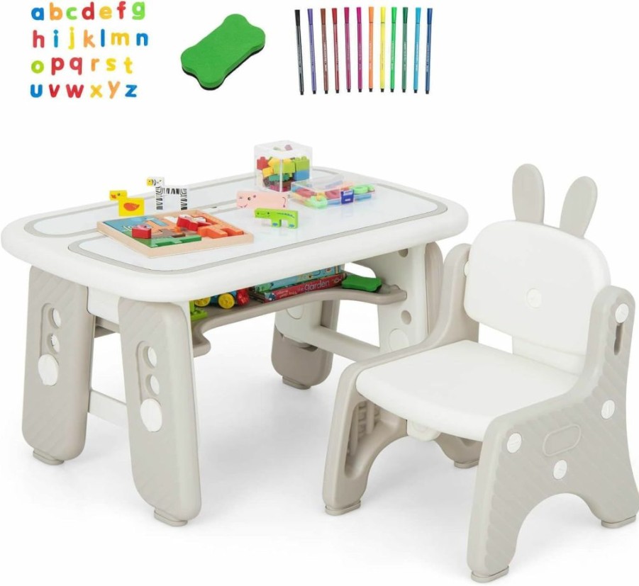 Costzon | Costzon Kids Table And Chair Set, Graffiti Activity Table W/Flip-Top Tabletop Bookshelf, Erasable Magnetic Drawing Board, Storage, Adjustable Height For Drawing, Toddlers Art Table & Chair (Gray)