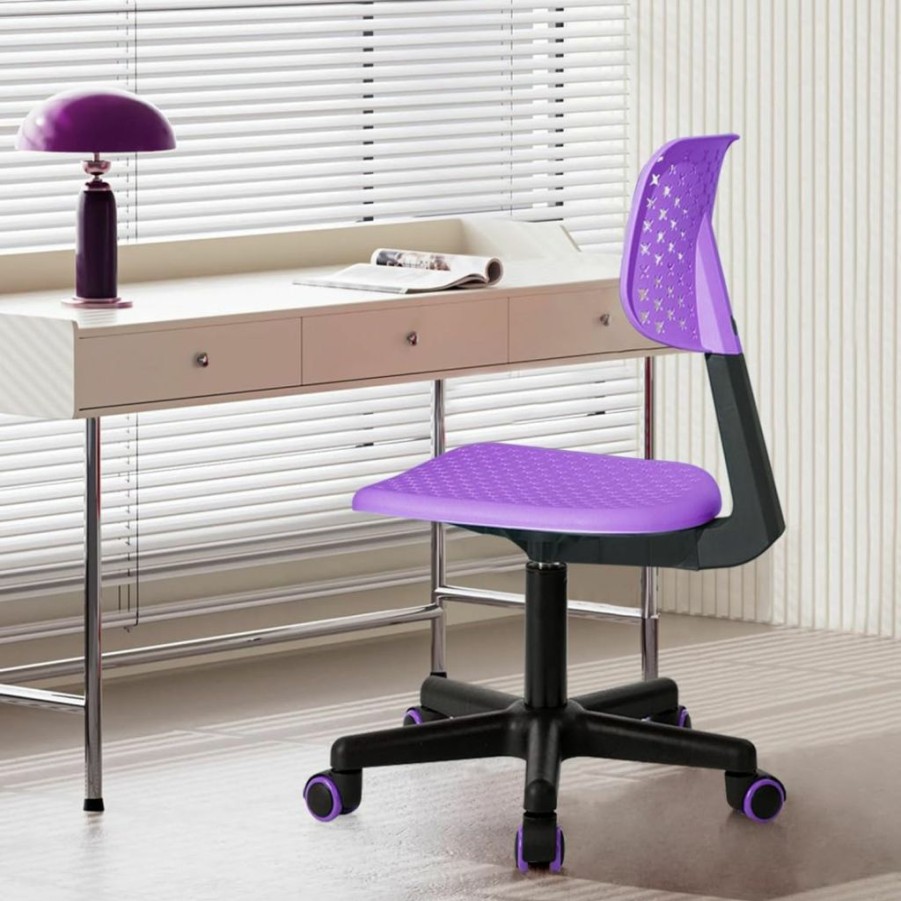 FurnitureR | Desk Chair Armless Cute Office Chair, Low Back Rolling Home Office Task Chair Adjustable Swivel Study Chair For Girls Teens Adults Children Kids, Purple