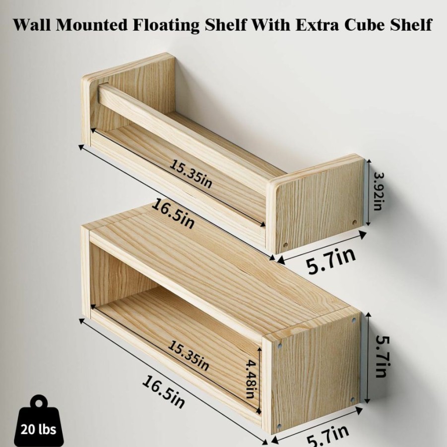 QimCoor | Qimcoor 16.5Inch Nursery Book Shelves Set Of 4+1 And 5.7 Inch Deep Floating Shelf With Extra Cube Shelf, Natural Solid Wood Kids Bookshelf