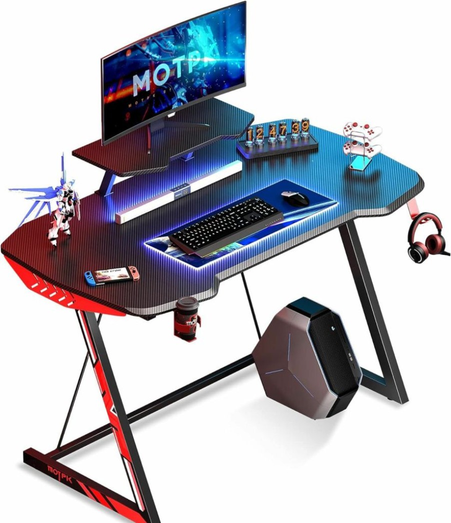 MOTPK | Motpk 39 Inch White Gaming Desk Z-Shaped Sturdy Gaming Table, Kids Computer Desk Workstation Home Office Desk With Monitor Stand Cup Holder And Headphone Hook, Snow White,Gift Idea