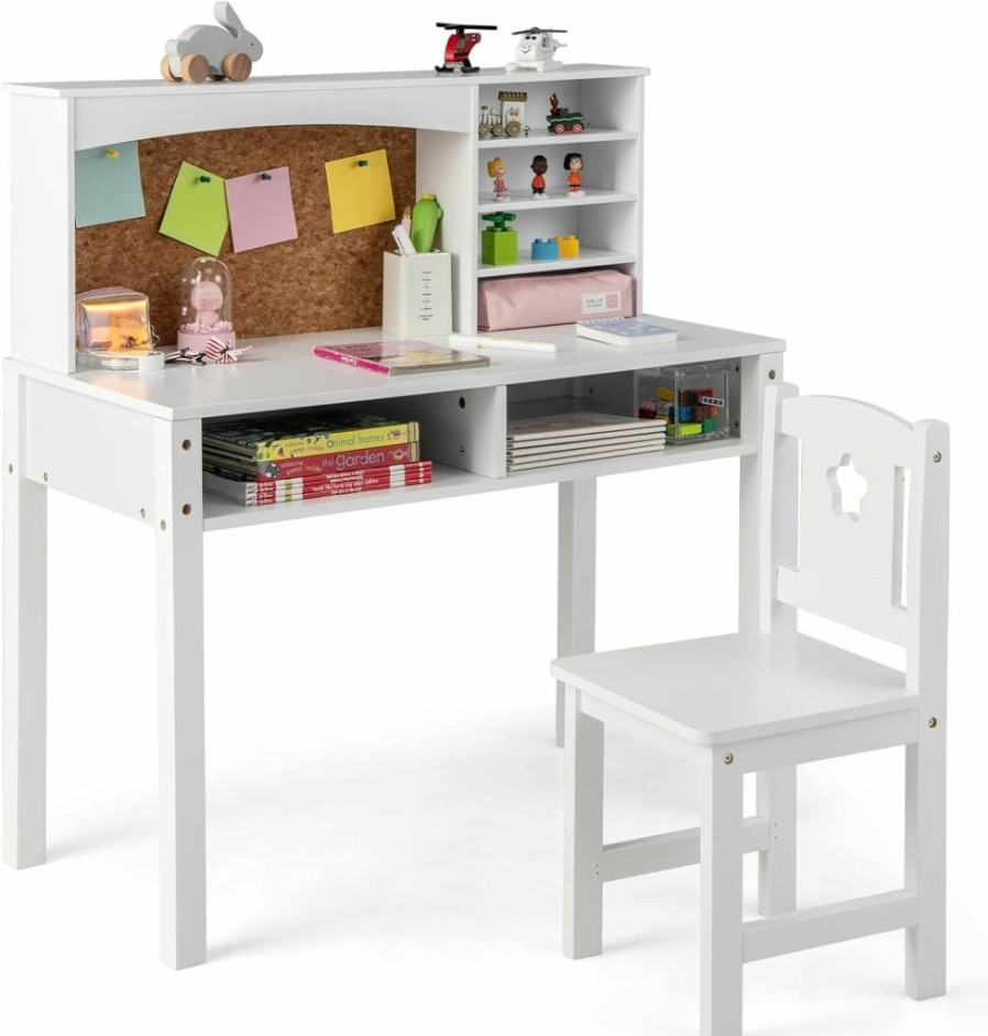 Costzon | Costzon Kids Desk And Chair Set, Student Study Table With Chair, Hutch, Cork Bulletin Board, Storage Shelves, Wooden Writing Computer Workstation For Study, Bedroom, School (White)