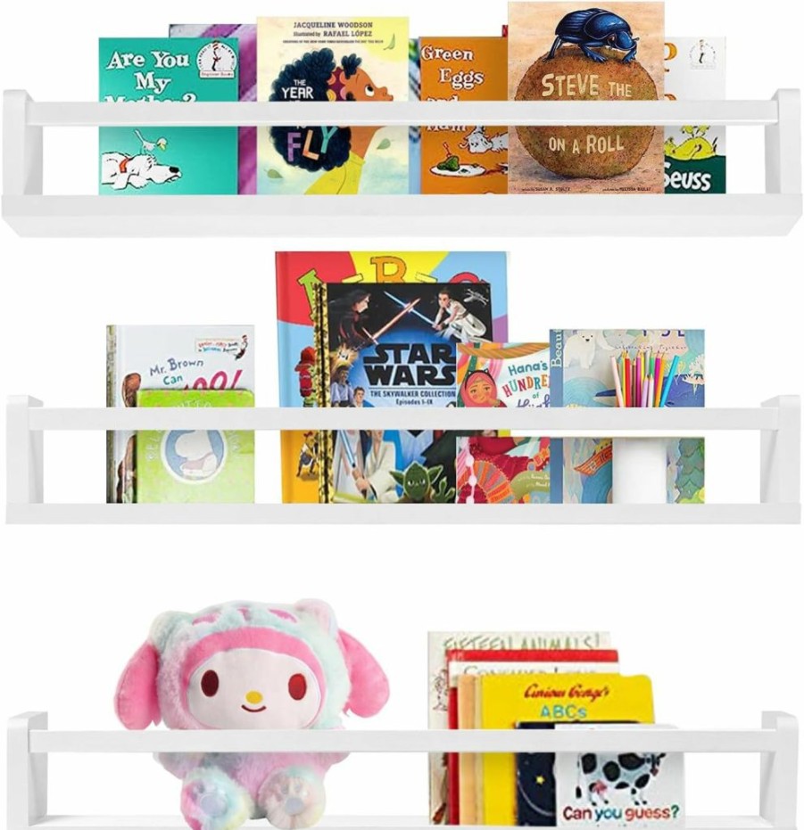 Hhyoisn | Hhyoisn 32 Inch White Nursery Book Shelves,Set Of 3 Floating Nursery Book Shelves,Book Shelf Wall Mounted For Baby Teen Boys Girls Bedoom Bathroom Toy And Decor Storage