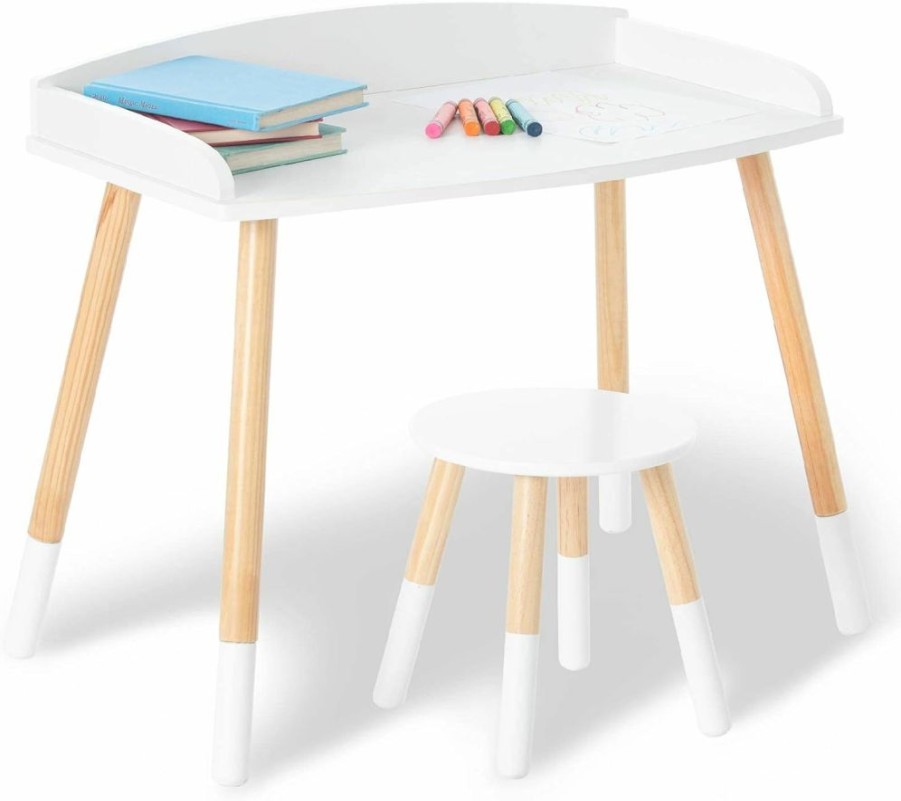 Wildkin | Wildkin Kids Modern Study Desk And Stool Set For Boys And Girls, Includes One Matching Stool, Classic Timeless Design Features Panel Edges On Tabletop And Solid Wood Legs (Gray W/White)