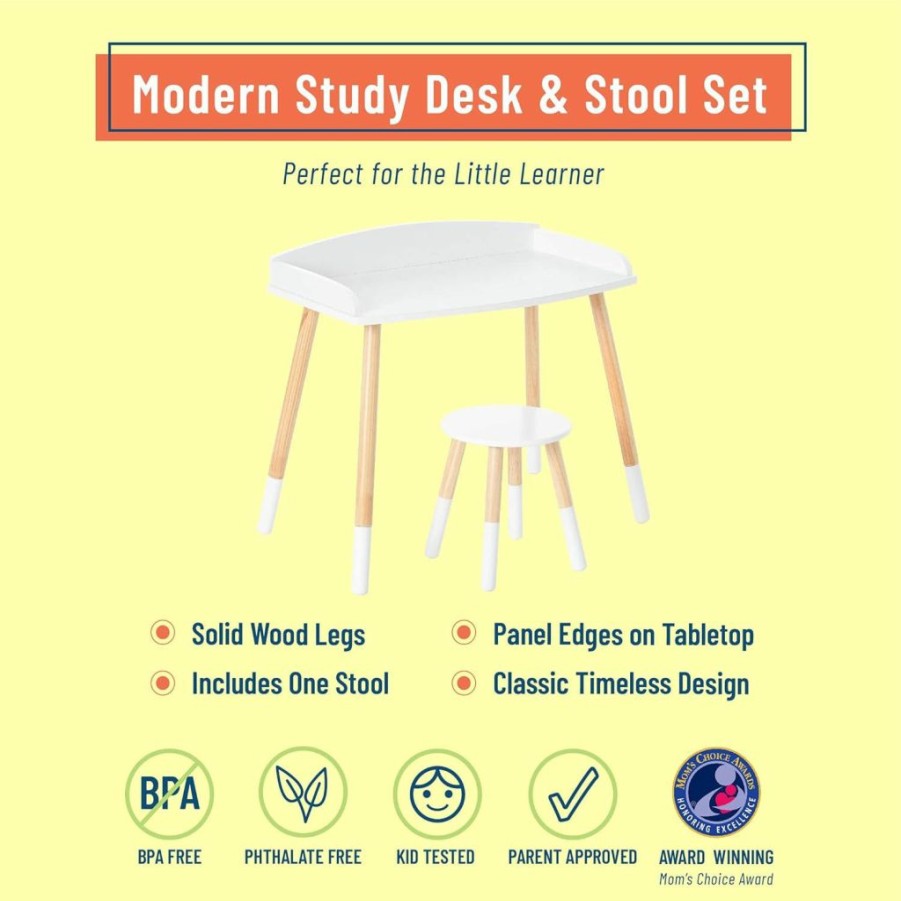 Wildkin | Wildkin Kids Modern Study Desk And Stool Set For Boys And Girls, Includes One Matching Stool, Classic Timeless Design Features Panel Edges On Tabletop And Solid Wood Legs (Gray W/White)