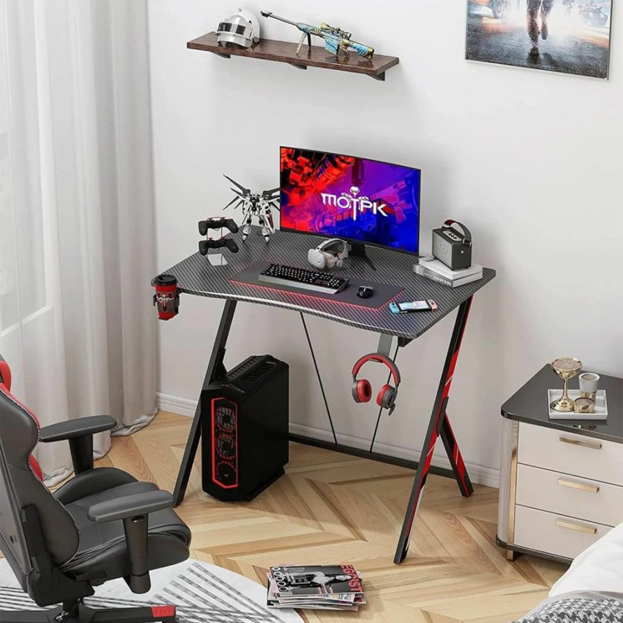 MOTPK | Motpk Gaming Desk 31 Inch, Small Gaming Desk For Kids, Gift Idea, Pc Computer Desk, Home Office Desk Workstation With Carbon Fiber Surface, Gaming Table With Headphone Hook And Cup Holder