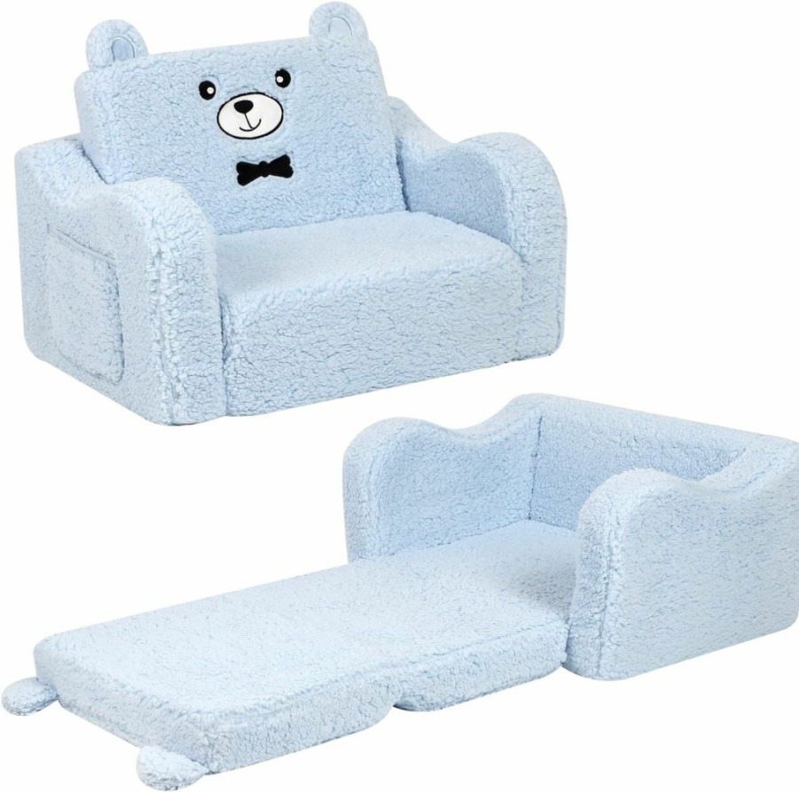 MOMCAYWEX | Momcaywex Kids Chairs For Toddler, 2-In-1 Toddler Soft Sherpa Couch Fold Out, Convertible Sofa To Lounger For Girls And Boys, Teddy Bear, Blue