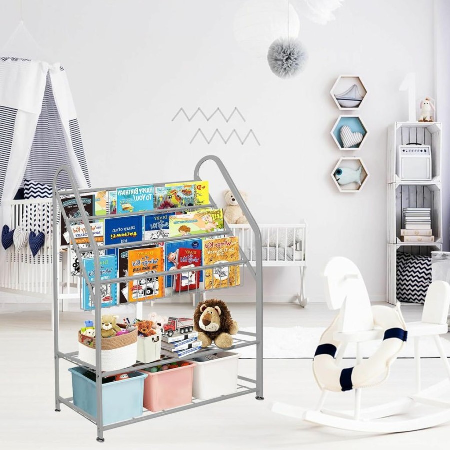 aboxoo | Aboxoo Metal Kids Bookshelf Freestanding For Children Room 25 Inches Toddler Bookcase Toy Organizer White Stable Bookcase Bookstore Library Book Unit Storage For Small Place