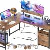 Unikito | Unikito L-Shaped Desk With Power Outlet And Led Strip, Reversible File Drawer And Monitor Stand, Gaming Table Writing Desk For Home Office Workstation, White Oak