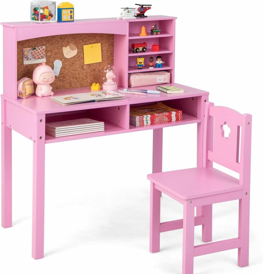 Costzon | Costzon Kids Desk And Chair Set, Student Study Table With Chair, Hutch, Cork Bulletin Board, Storage Shelves, Wooden Writing Computer Workstation For Study, Bedroom, School (Pink)