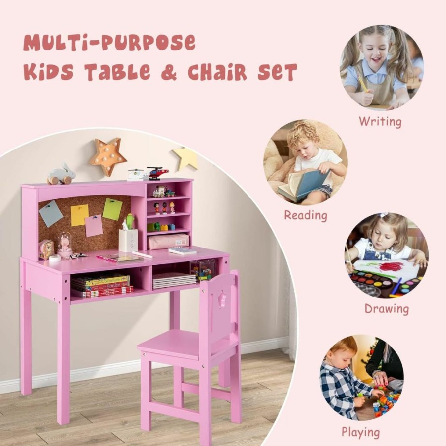 Costzon | Costzon Kids Desk And Chair Set, Student Study Table With Chair, Hutch, Cork Bulletin Board, Storage Shelves, Wooden Writing Computer Workstation For Study, Bedroom, School (Pink)