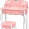 VIVOHOME | Vivohome Kids Vanity Set, Princess Mdf Makeup Dressing Table With 360 Rotating Mirror And Drawers For Girls, Pink