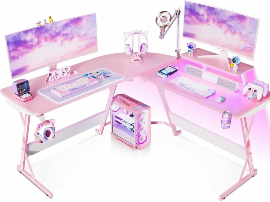 MOTPK | Motpk Pink Gaming Desk With Led Lights, Carbon Fiber L Shaped Gaming Desk, Corner Gaming Table L Shape, Gamer Desk With Monitor Stand & Cup Holder & Headphone Hook, 51 Inch, For Women & Girls Gift