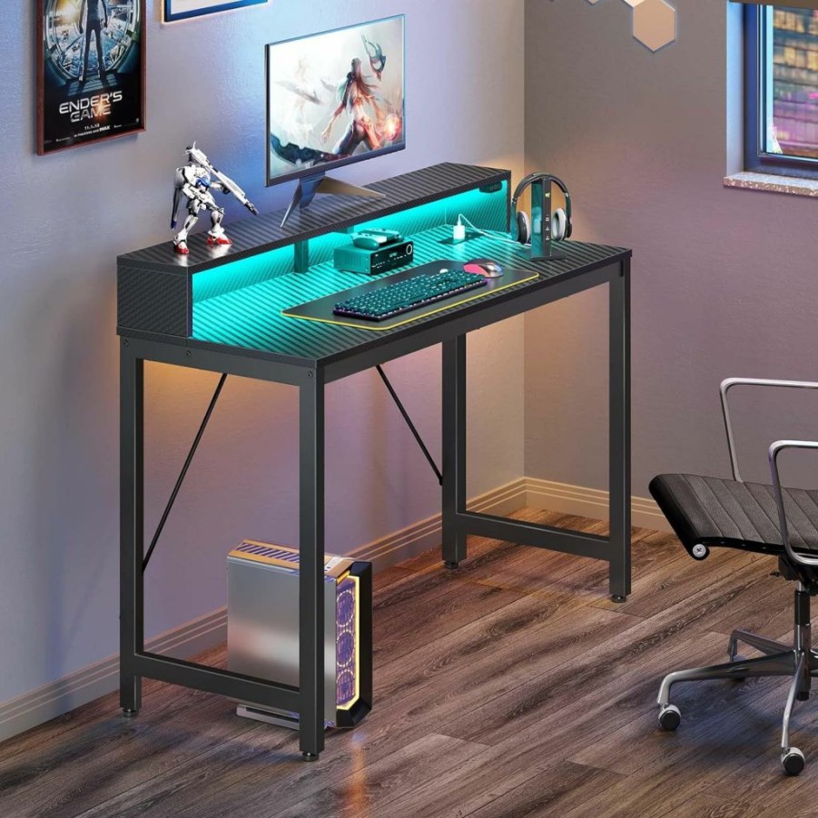 Rolanstar | Rolanstar Computer Desk 55" With Led Lights & Power Outlets, Home Office Desk With Monitor Shelf, Gaming Desk, Writing Desk, Study Desk For Student & Kids, Carbon Fiber Surface Black