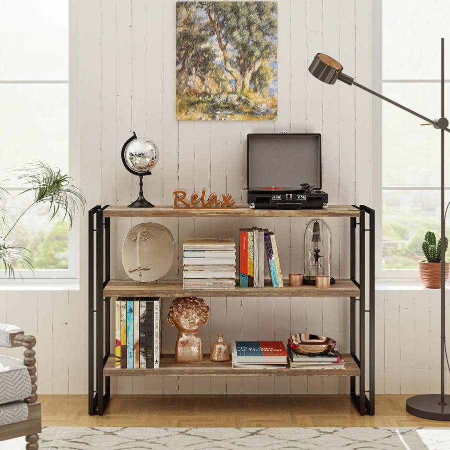 IRONCK | Ironck Bookshelf Industrial 3 Shelf Bookcase, Wood Storage Shelf With Metal Frame For Living Room, Vintage Brown