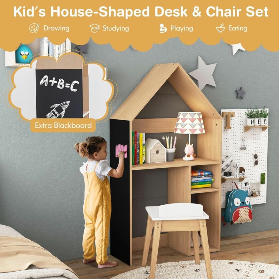 Costzon | Costzon Kids Table And Chair Set, 2-In-1 House-Shaped Wooden Desk Set & Storage Organizer With Blackboard, Toddler Desk And Chair Set For Drawing, Reading, Gift For Boys Girls (Grey)