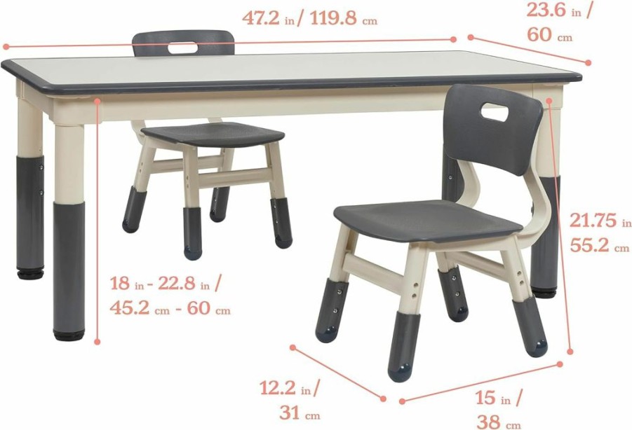 ECR4Kids | Ecr4Kids Dry-Erase Rectangular Activity Table With 2 Chairs, Adjustable, Kids Furniture, Grey