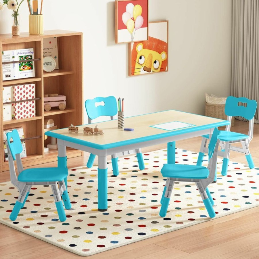 wanan | Wanan Kids Table And 4 Chairs Set, Multi Levels Height Adjustable Toddler Table And Chairs Set For Daycare, Classroom, Home, Playroom, Easy To Clean Arts & Crafts Table For Ages 2-10 (Light Blue)