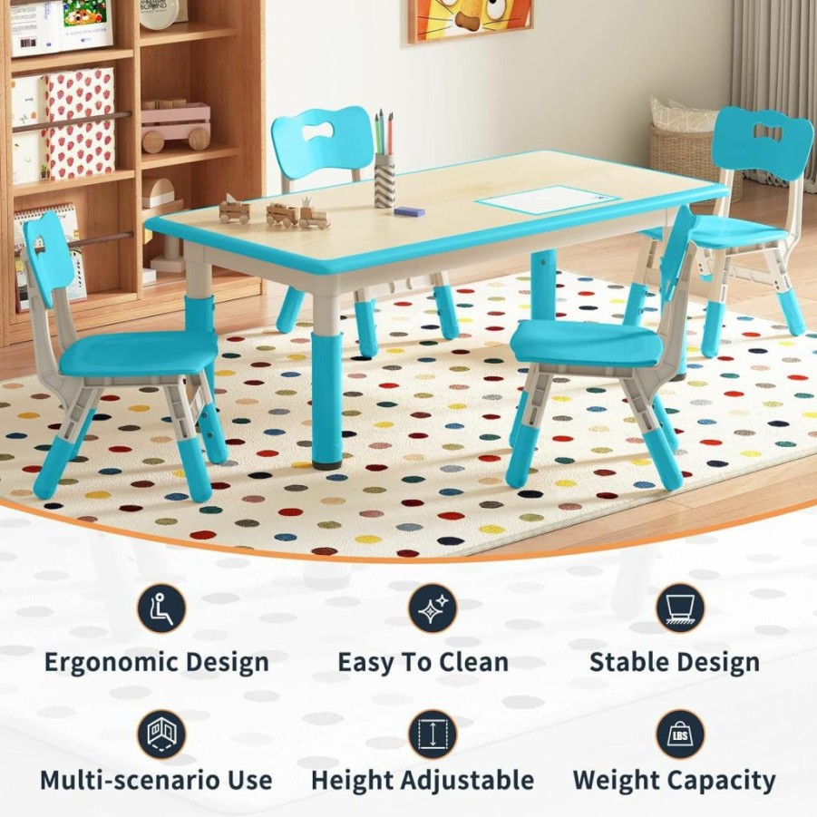 wanan | Wanan Kids Table And 4 Chairs Set, Multi Levels Height Adjustable Toddler Table And Chairs Set For Daycare, Classroom, Home, Playroom, Easy To Clean Arts & Crafts Table For Ages 2-10 (Light Blue)