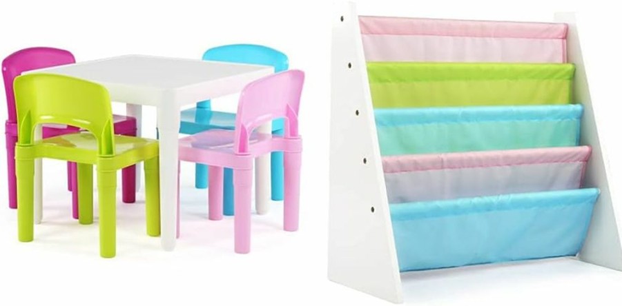 Humble Crew | Humble Crew, Blue Table & Red/Green/Yellow/Purple Kids Lightweight Plastic Table And 4 Chairs Set, Square & Natural/Primary Kids' Toy Storage Organizer With 12 Plastic Bins