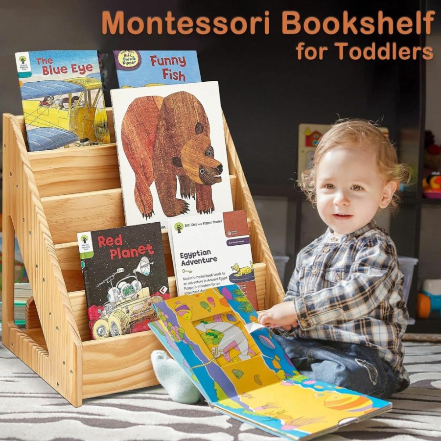 FUNLIO | Funlio Montessori Bookshelf For Toddlers 1-5 Years, Front-Facing Kids Bookshelf With Handle & Anti-Tilting Device, Premium Pine Baby Bookshelf, Children'S Bookcase For Nursery/Classroom, Cpc Certified