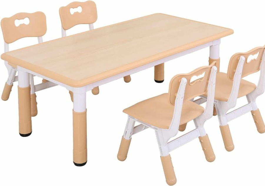 UNICOO | Unicoo Kids Study Table And Chairs Set, Height Adjustable Plastic Children Art Desk With 4 Seats, Kids Multi Activity Table Set (Maple Top + Nature Board)