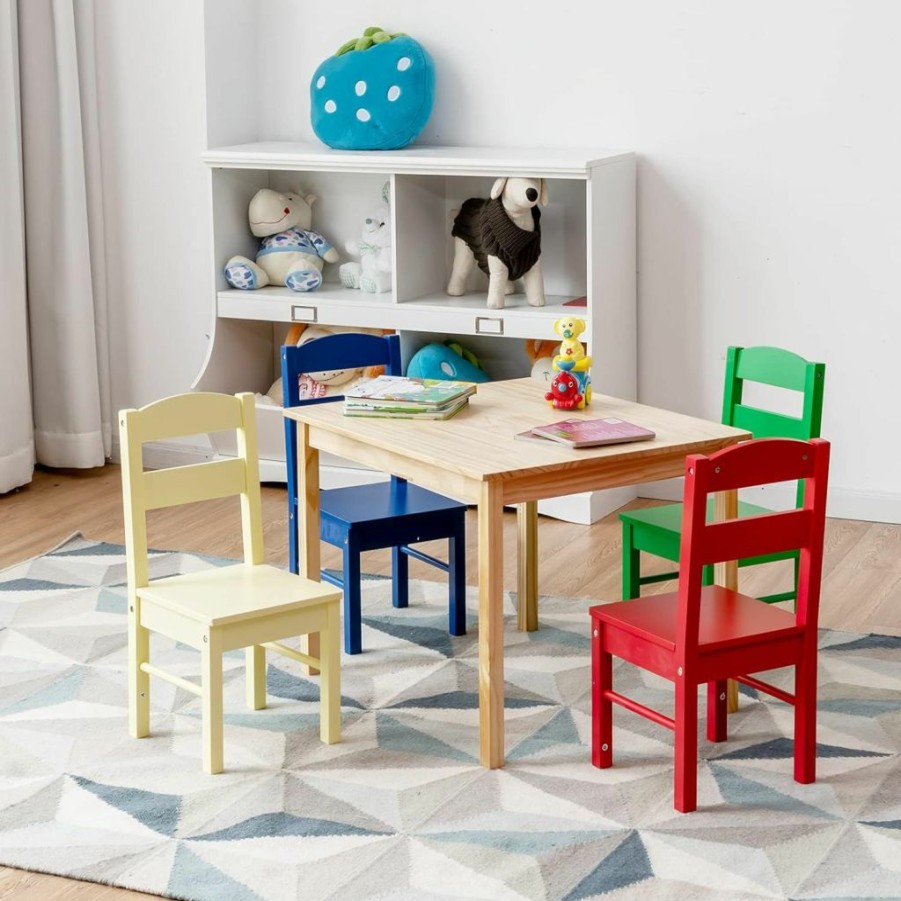 KOTEK | Kotek Kids Wood Table And 4 Chair Set, Children Multi Activity Table For Learning, Playing, Drawing, Toddler Picnic Table And Chairs Set For Home, Classroom And Daycare (Assorted)