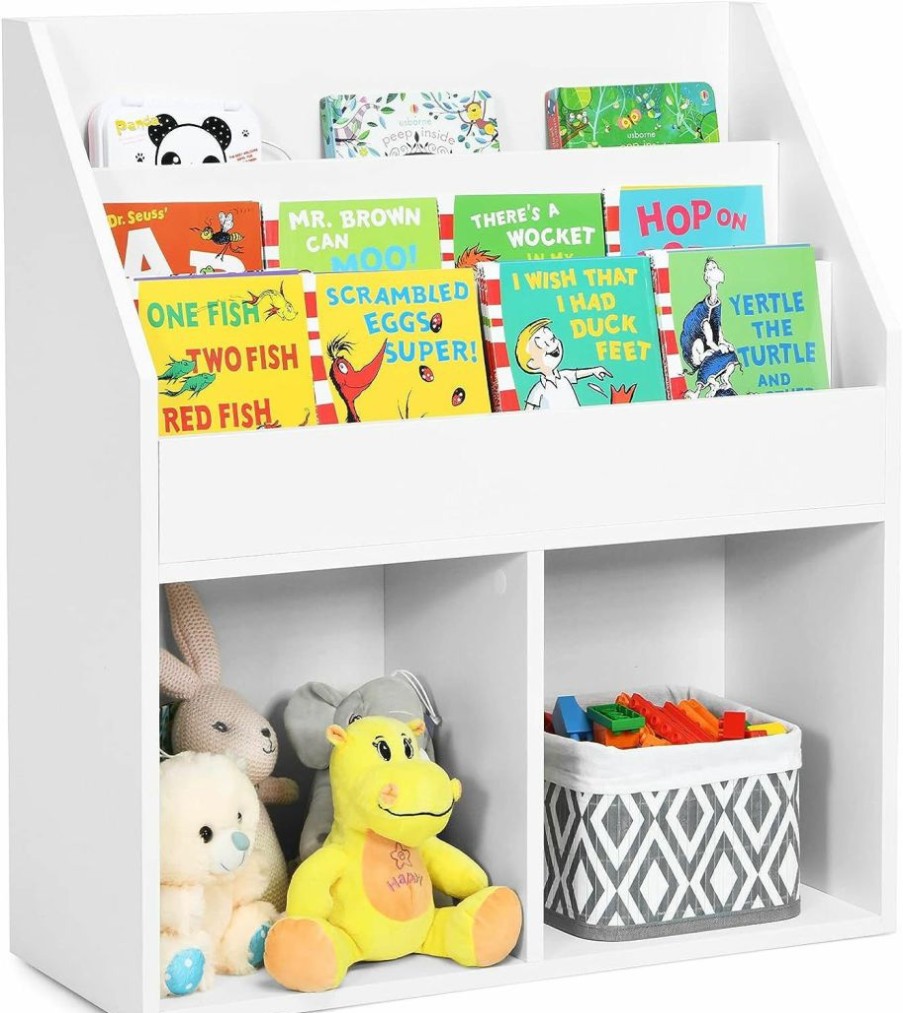 Costzon | Costzon Kids Bookshelf, Wooden Toy Storage Cabinet Organizer With Shelves & 2 Large Cubes, 2-In-1 Children Bookcase Display Sling Book Rack For Kids Room, Bedroom, Nursery, Kindergarten (White)