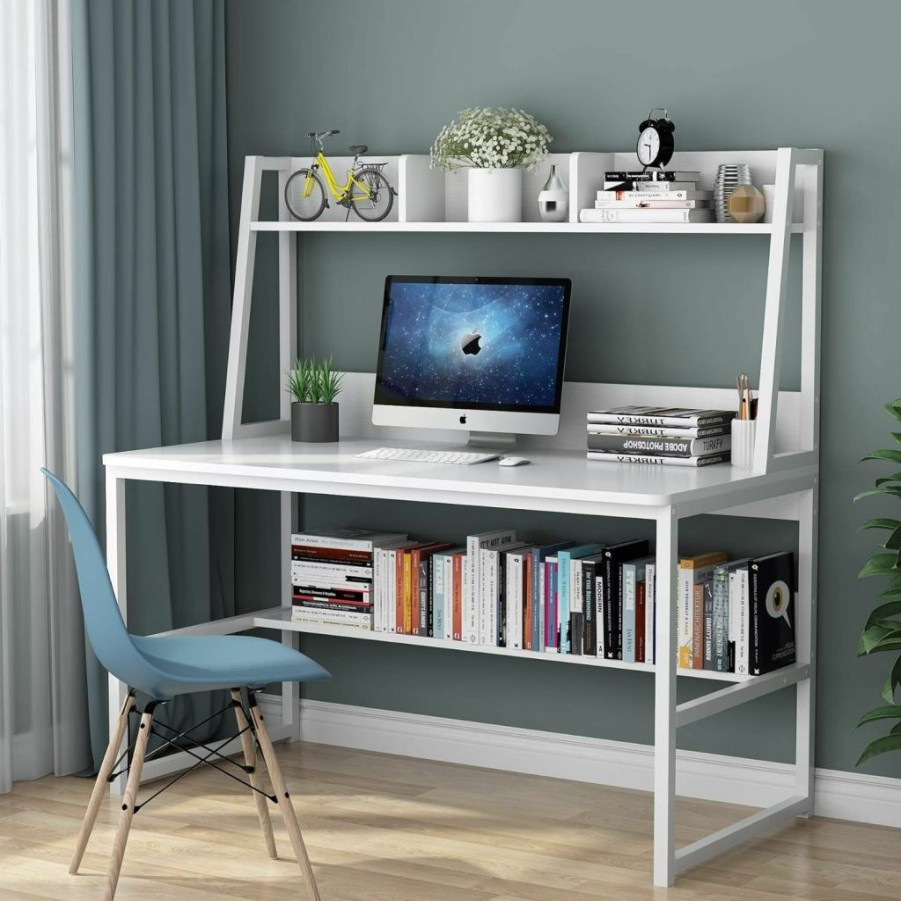 Tribesigns | Tribesigns Computer Desk With Hutch, 47 Inches Home Office Desk With Space Saving Design With Bookshelf For Small Spaces (All White, 47)