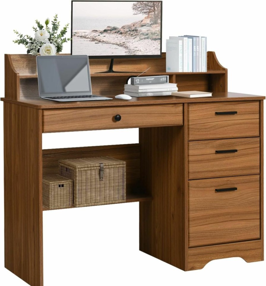 HOMBCK | Computer Desk With 4 Drawers And Storage, Small Office Desk With File Drawers And Hutch, Farmhouse Wood Writing Student Table For Home Office, Bedroom, Rustic Brown