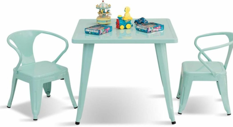 Costzon | Costzon Kids Table And 2 Chair Set For Indoor/Outdoor Use, Steel Table And Stackable Chairs, Preschool, Bedroom, Playroom, Home, Furniture For Toddlers Boys & Girls(Mint Green, Table & Chairs)