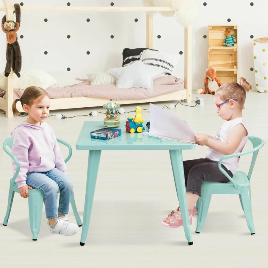 Costzon | Costzon Kids Table And 2 Chair Set For Indoor/Outdoor Use, Steel Table And Stackable Chairs, Preschool, Bedroom, Playroom, Home, Furniture For Toddlers Boys & Girls(Mint Green, Table & Chairs)