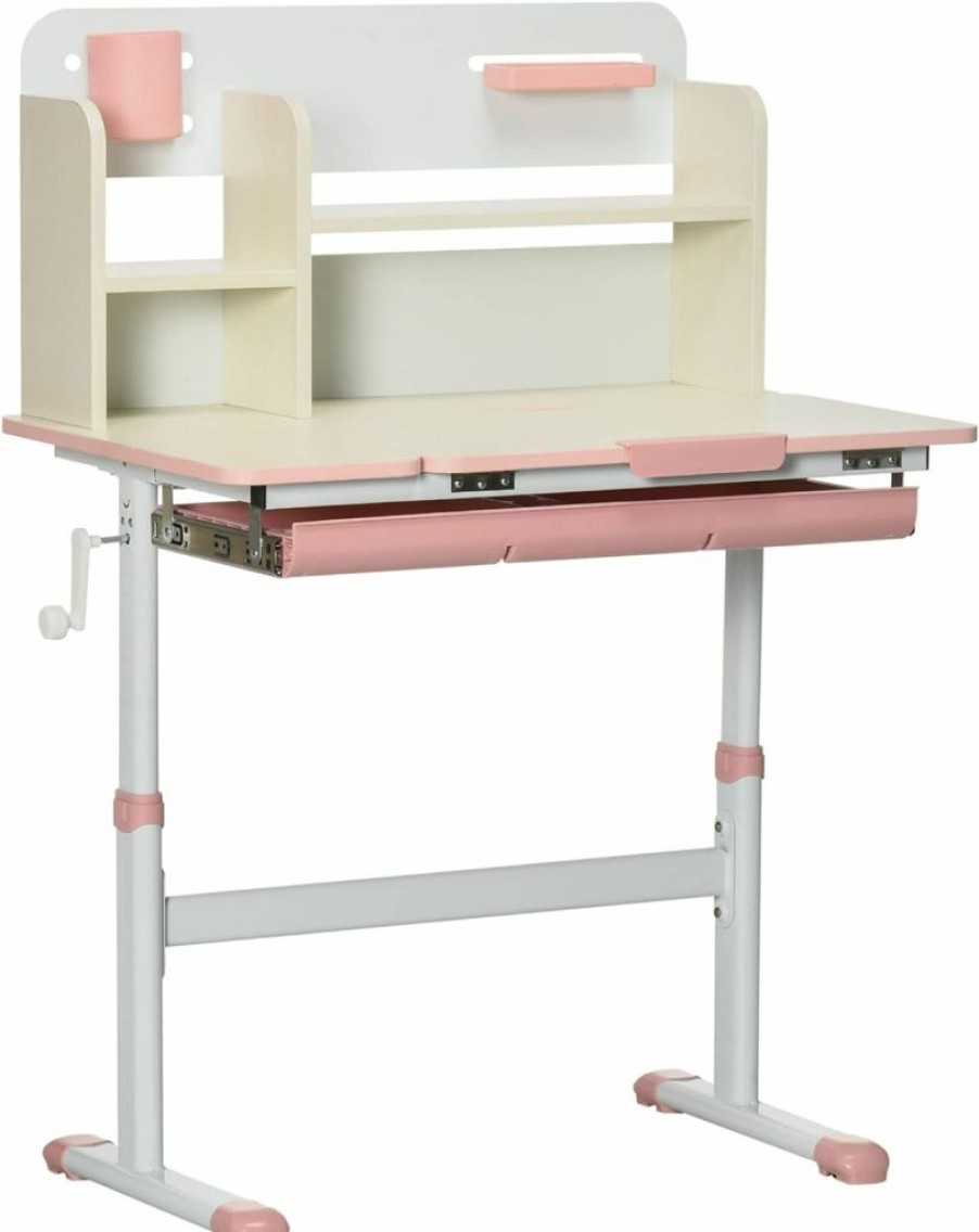 Qaba | Qaba Wooden Kids Study Desk, Height Adjustable Children School Study Table, Student Writing Desk With Tilt Desktop, Drawer, Storage Shelf, Pen Holder, Pink