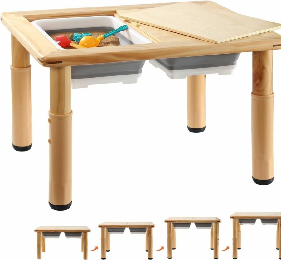 FUNLIO | Funlio Wooden Sensory Table With 2 Bins For Toddlers 1-5, 4-Level Height Adjustable Kids Sensory Table With Anti-Warping Plywood Lid, Indoor/Outdoor Play Sand And Water Table, Cpc Certified