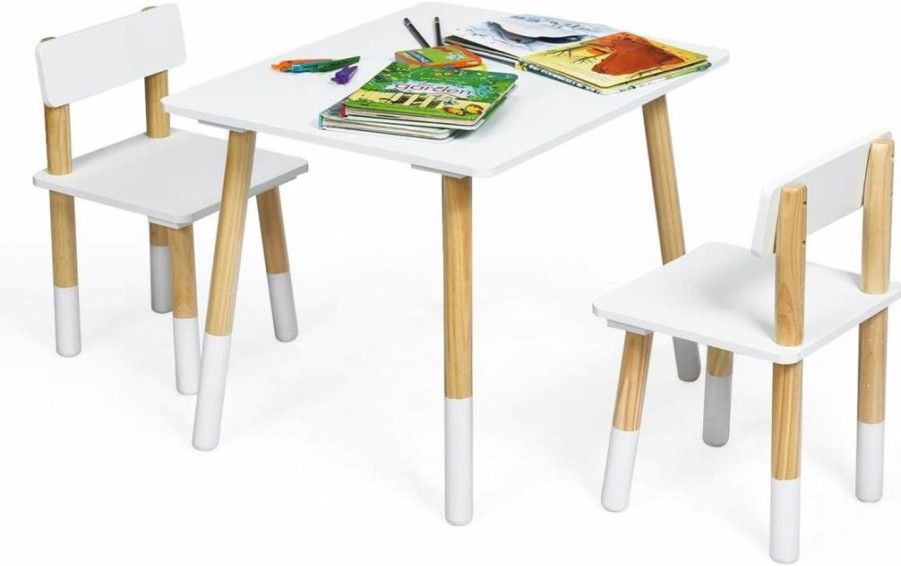 Costzon | Costzon Kids Table And Chair Set, Wooden Table Furniture For Toddler Drawing Reading Arts Crafts Snack Time, Boys & Girls Gift For Playroom School Home, 3 Piece Children Activity Table Set (White)