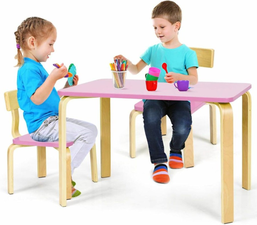 Costzon | Costzon Kids Table And Chair Set, Wood Table And Chairs For Toddlers Reading, Arts, Crafts, Homework, Snack Time, 3 Piece Furniture For Playroom Home School Classroom, Childrens Table And Chair, Pink