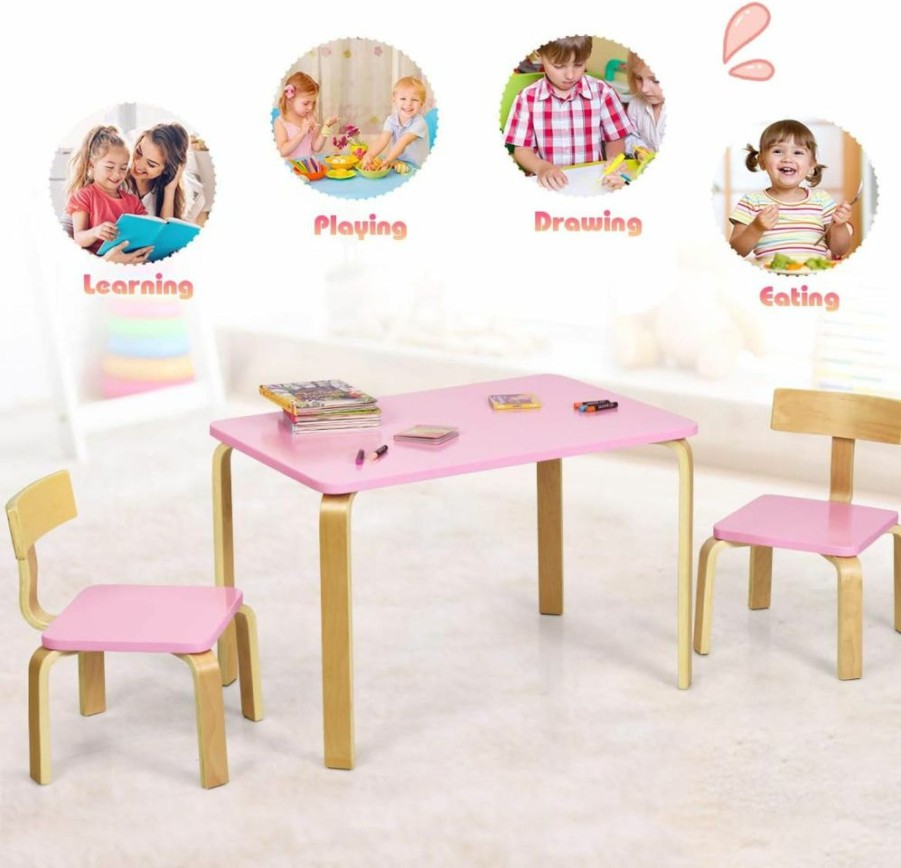 Costzon | Costzon Kids Table And Chair Set, Wood Table And Chairs For Toddlers Reading, Arts, Crafts, Homework, Snack Time, 3 Piece Furniture For Playroom Home School Classroom, Childrens Table And Chair, Pink